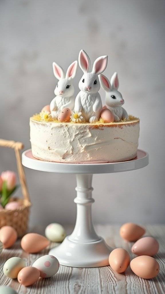 A cake stand featuring a decorated cake with bunny figurines on top, surrounded by pastel-colored eggs.