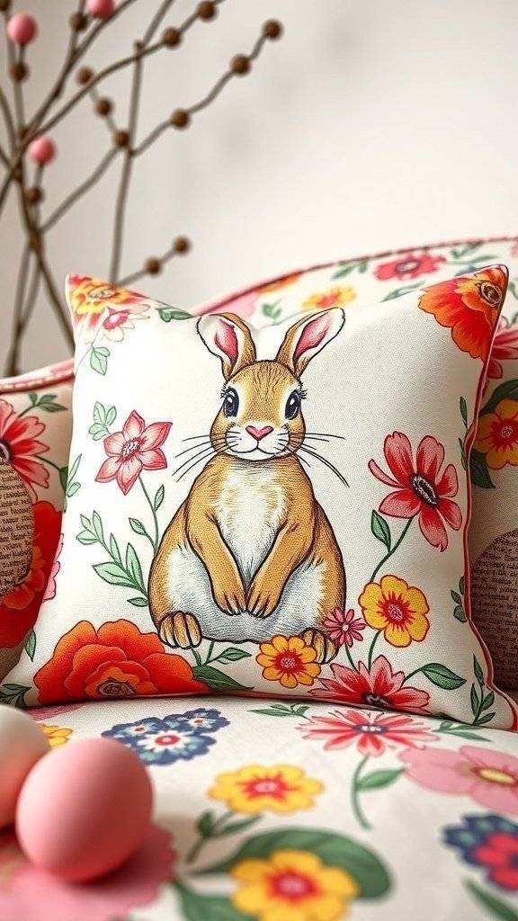 A colorful cushion featuring a bunny surrounded by flowers, set against a floral background with pastel Easter eggs.