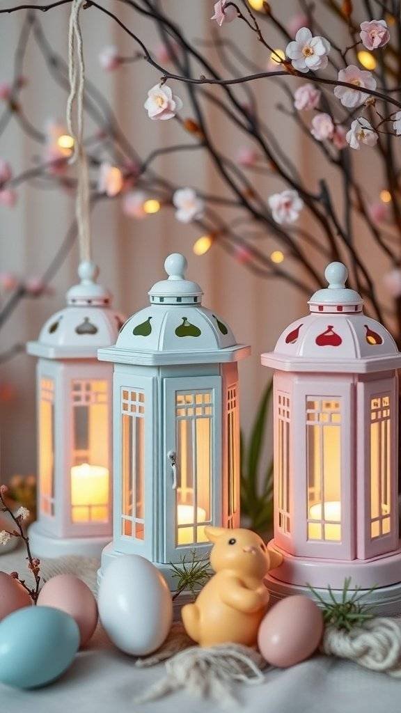 Pastel Easter lanterns with decorative eggs and a bunny figurine