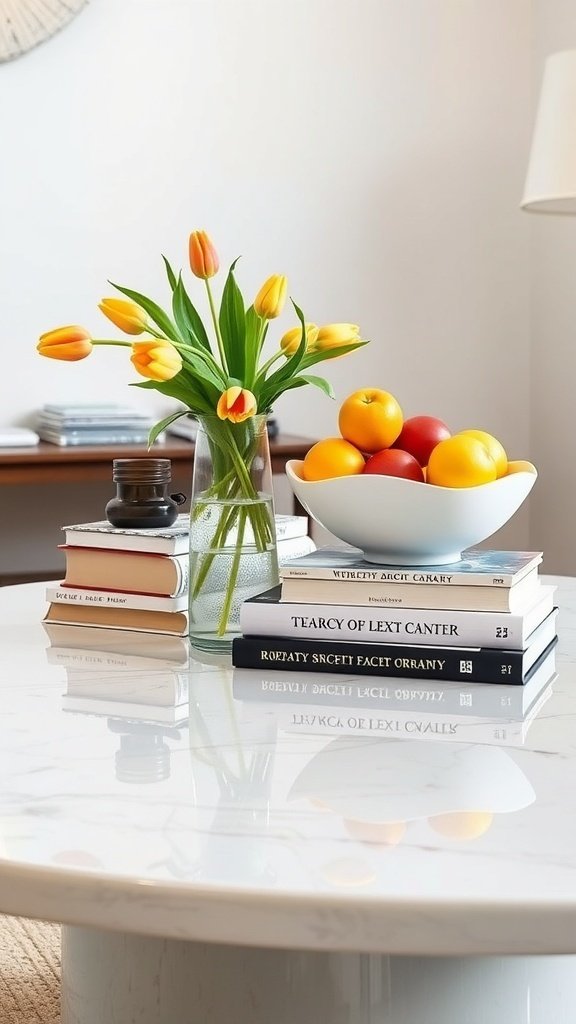 A coffee table styled with a vase of tulips, a bowl of fruit, and stacked books, inspired by 1960s decor.