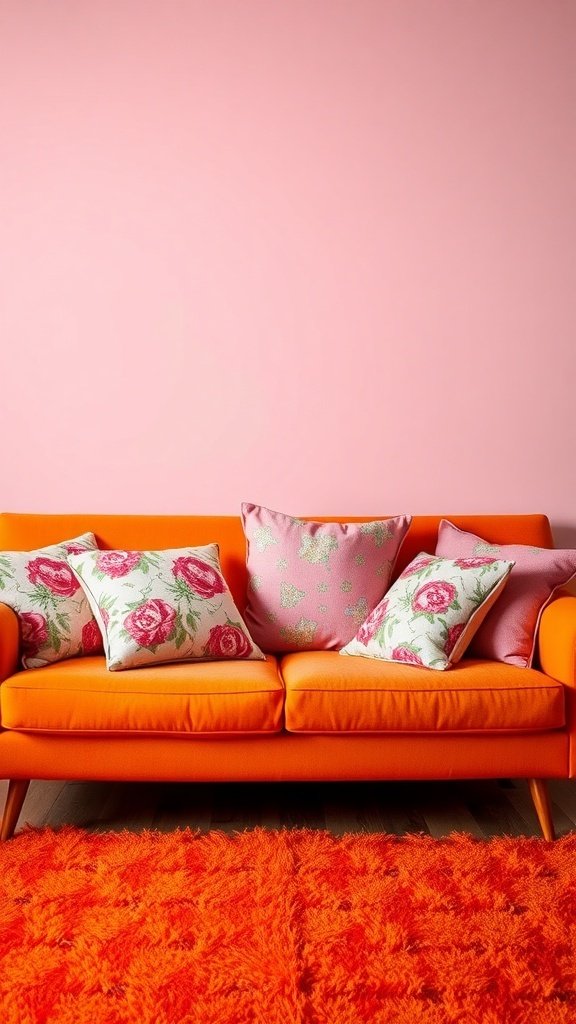 A vibrant orange retro sofa with floral cushions against a pink wall, complemented by an orange shag rug.