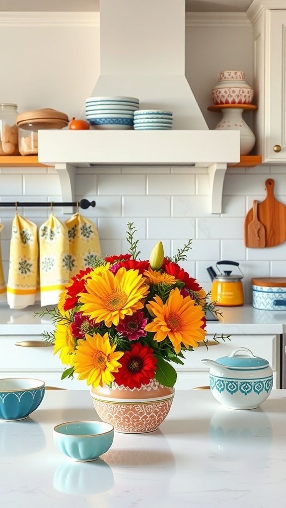 A colorful floral arrangement in a patterned bowl on a kitchen counter, surrounded by vibrant kitchenware.