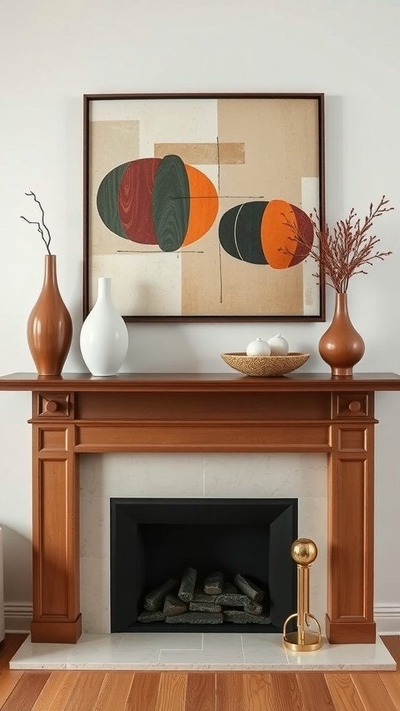 Mid-century modern fireplace styled with wooden mantel, vases, and geometric artwork.