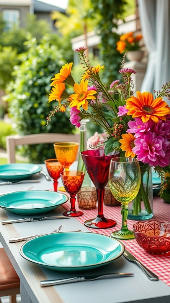 A vibrant outdoor table setting inspired by the 1960s, featuring colorful plates, glassware, and a floral centerpiece.