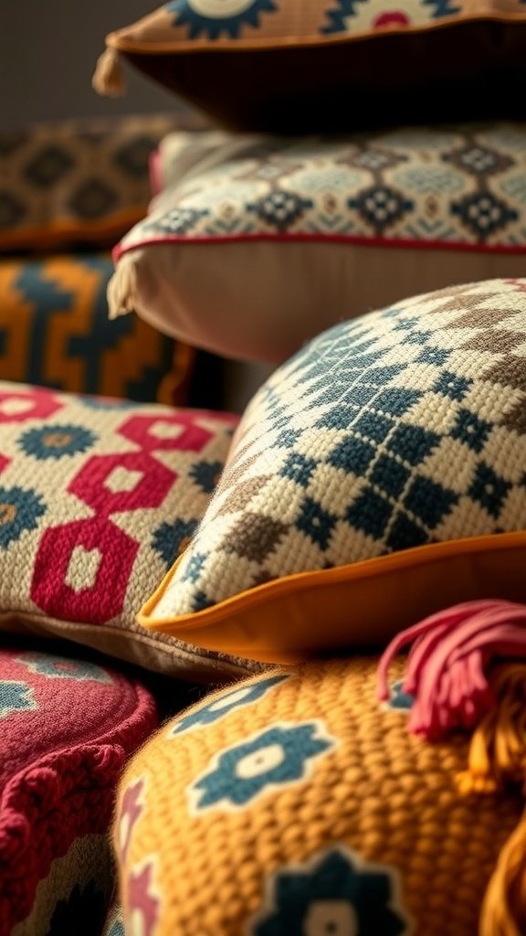 A collection of colorful retro cushions with various patterns stacked together.