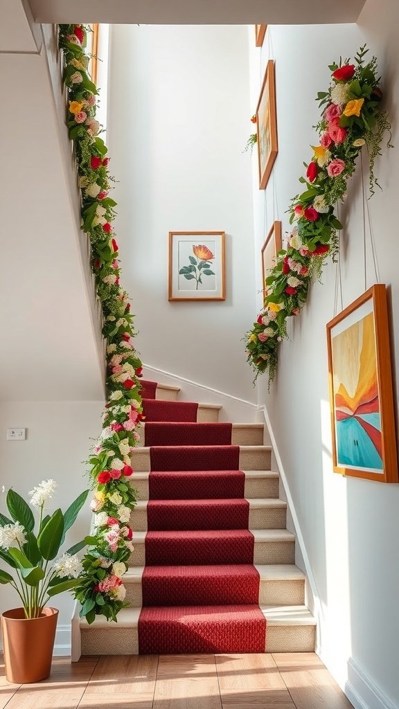 A staircase decorated with colorful floral garlands and framed artwork, inspired by 1960s decor.
