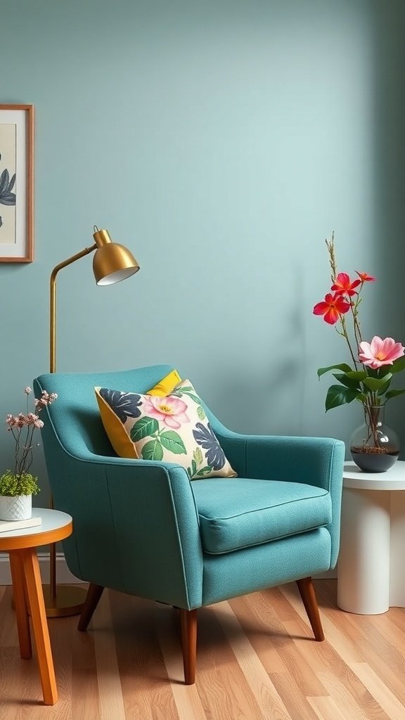 A cozy lounge area featuring teal walls, a teal armchair with a floral pillow, a gold lamp, and a small side table with flowers.