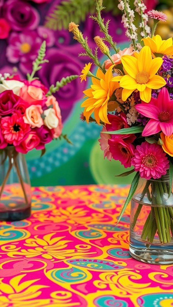 A vibrant pink tablecloth with bold patterns, decorated with colorful flower arrangements for Mother's Day.