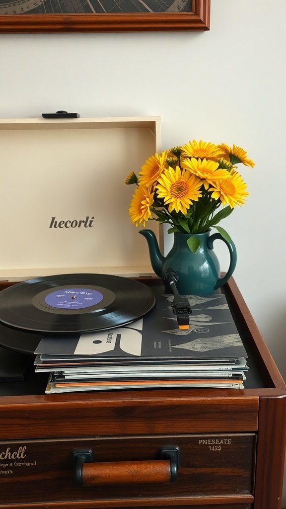 A retro record player with a vinyl record, surrounded by colorful flowers in a teapot and stacked records.