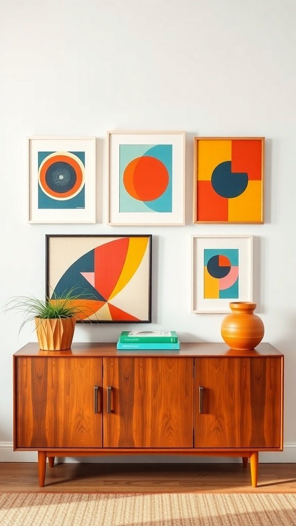 A collection of bold geometric wall art featuring vibrant colors, displayed above a mid-century modern wooden cabinet.