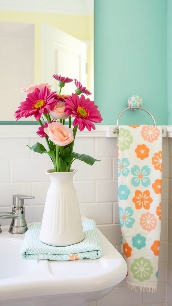 A retro bathroom featuring bold yellow and orange towels, a pitcher of flowers, and white tiled walls.