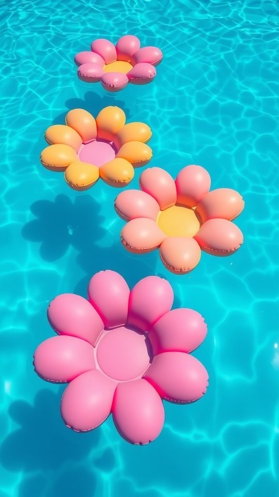 Colorful flower-shaped pool floats in a clear blue pool