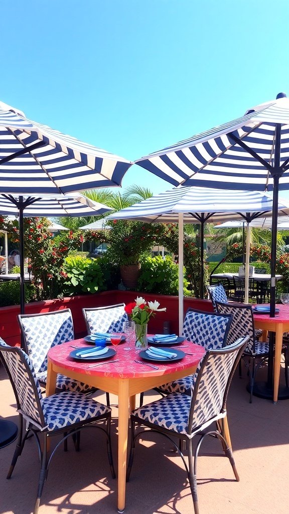 Colorful outdoor setup with striped umbrellas and patterned chairs