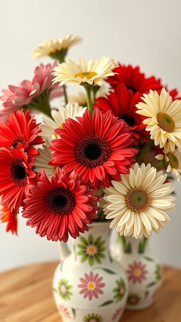 A vibrant floral centerpiece featuring pink and orange flowers in decorative vases.