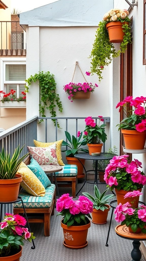 A colorful balcony decorated with pink flowers, green plants, and vibrant cushions, inspired by the 1960s.