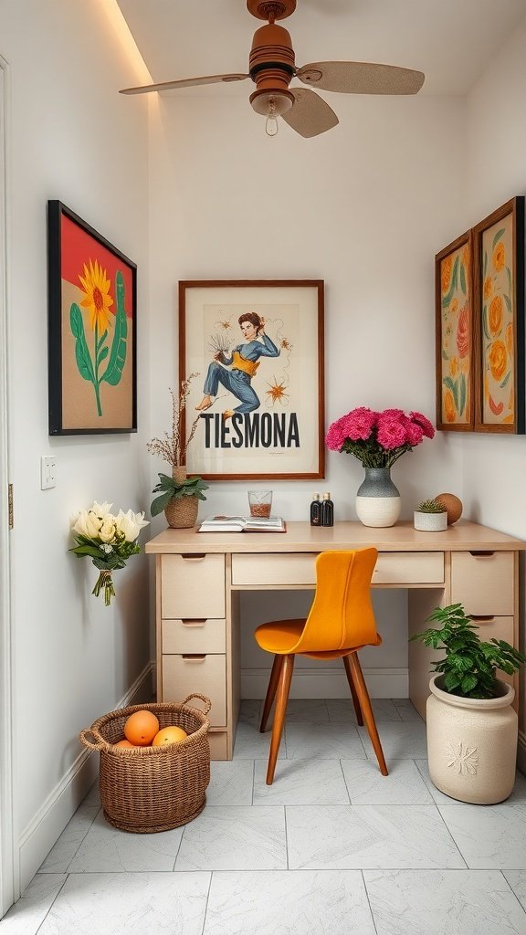 A retro-inspired dressing room with a wooden desk, orange chair, floral artwork, and decorative plants.