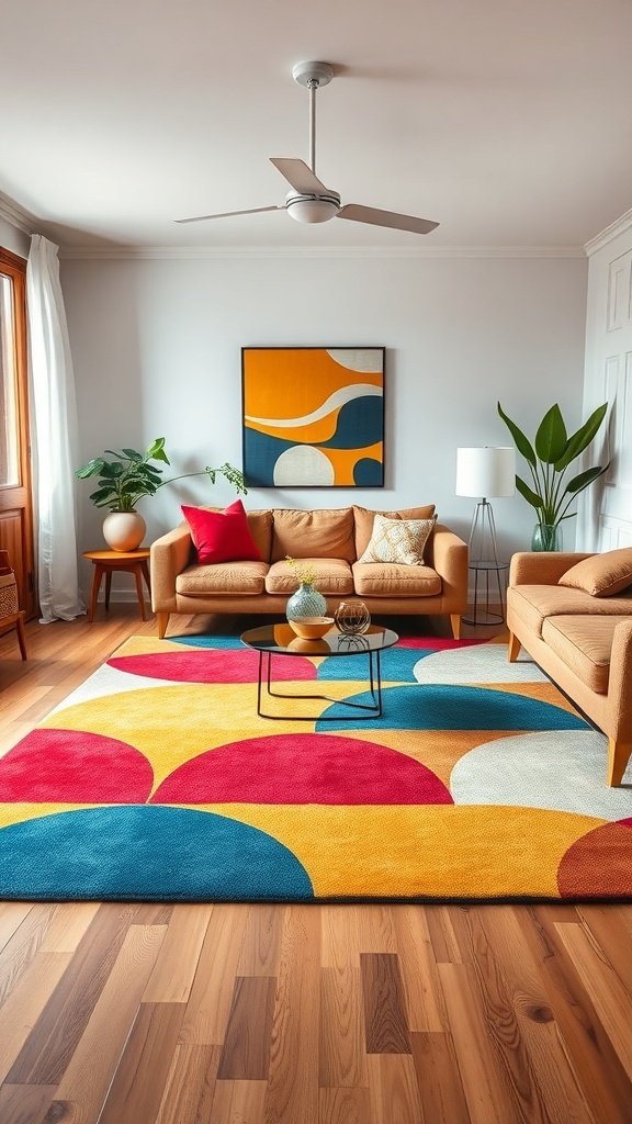 A cozy living room featuring a colorful funky patterned rug with circular designs, mid-century modern furniture, and a bright atmosphere.