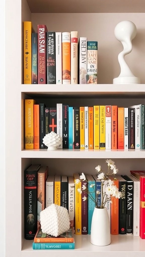 A colorful retro bookshelf with various books and decorative items, including flowers and a small globe.