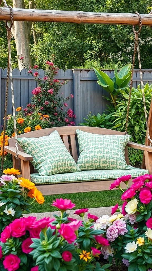 A wooden garden swing with green patterned cushions surrounded by vibrant flowers in a garden.