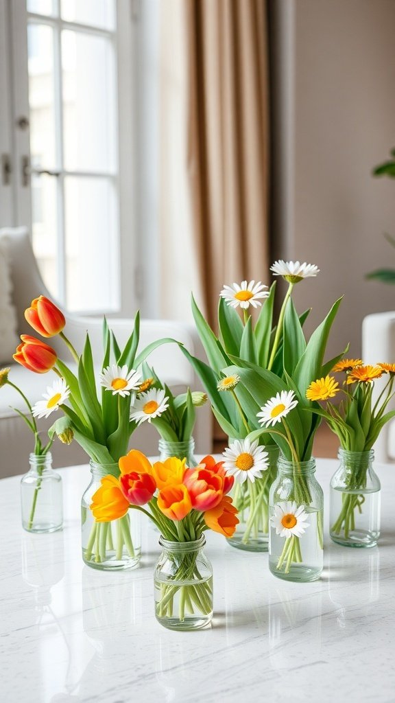 A collection of colorful flowers in glass jars on a coffee table, featuring tulips and daisies.