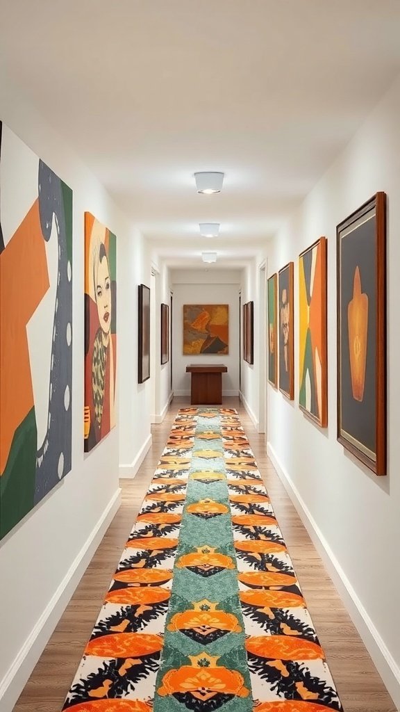 A hallway featuring colorful psychedelic art on the walls and a patterned rug on the floor.