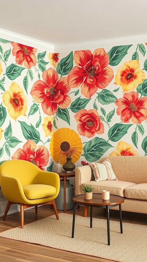A living room with vintage floral wallpaper featuring large red and yellow flowers, a yellow chair, a beige sofa, and a round coffee table.