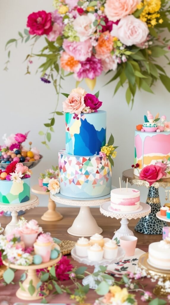 A colorful dessert table featuring a yellow cake, strawberries, mini cakes, and vibrant flowers, inspired by the 1960s.
