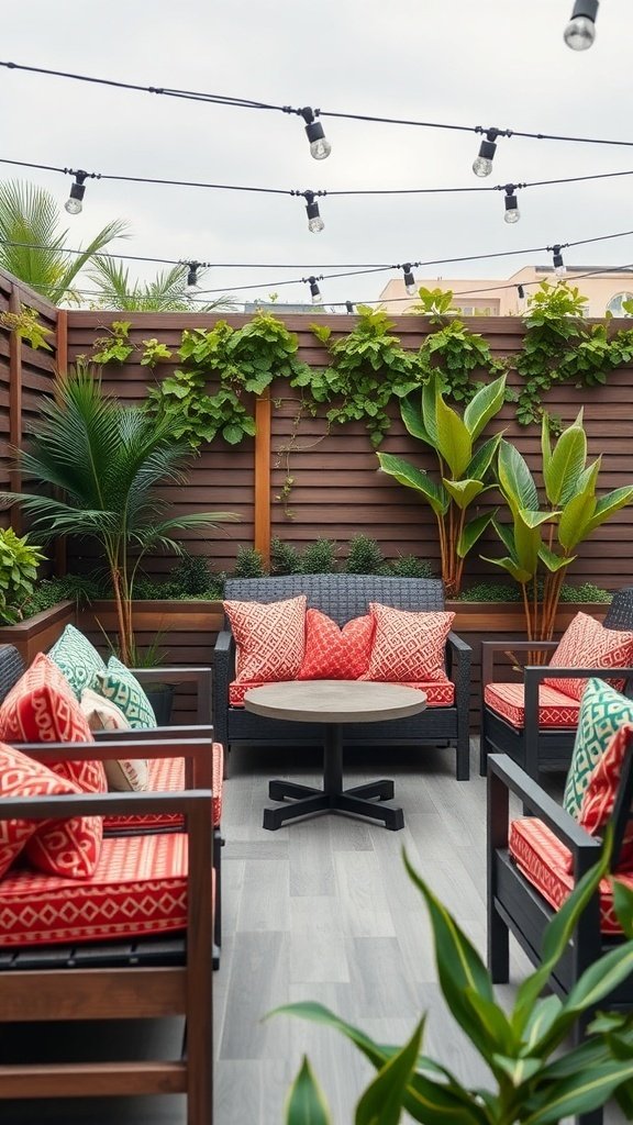 Mid-century modern outdoor lounge with wicker furniture and vibrant cushions, surrounded by greenery and string lights.