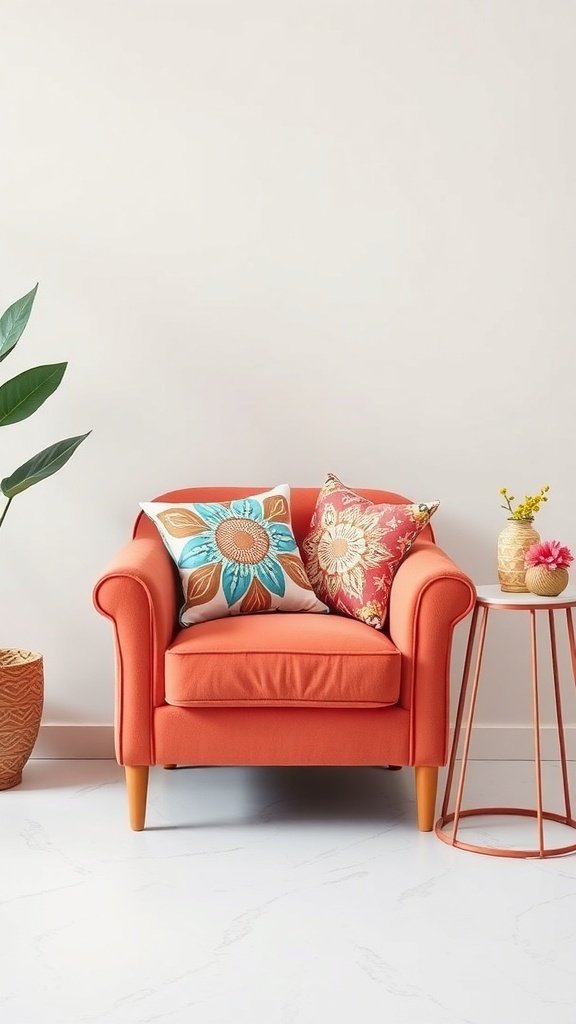 Bright coral armchair with floral pillows, a side table, and a plant