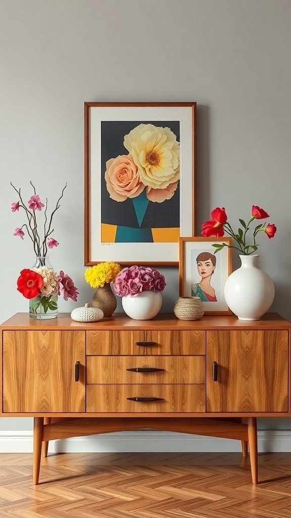 A retro sideboard display with flowers, vases, and framed art, showcasing 1960s decor style.