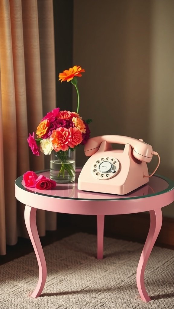 A pink side table with a vintage rotary phone and a vase of colorful flowers.
