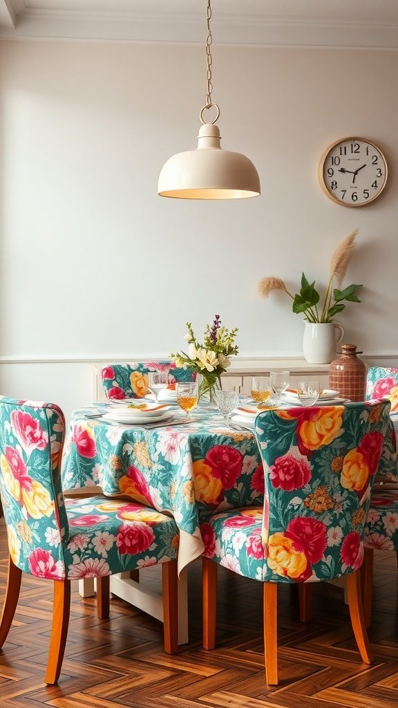 Dining chairs with colorful floral upholstery in a bright dining room setting
