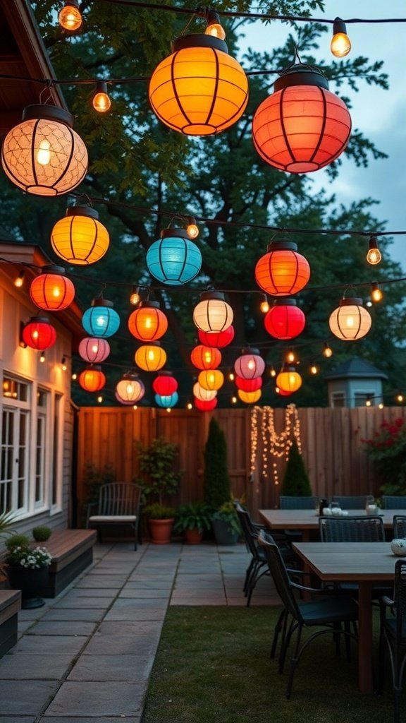 Colorful outdoor lanterns hanging above a patio, creating a warm and inviting atmosphere.