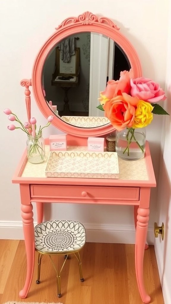 A retro makeup stand with a mirror, decorated with flowers and makeup essentials.