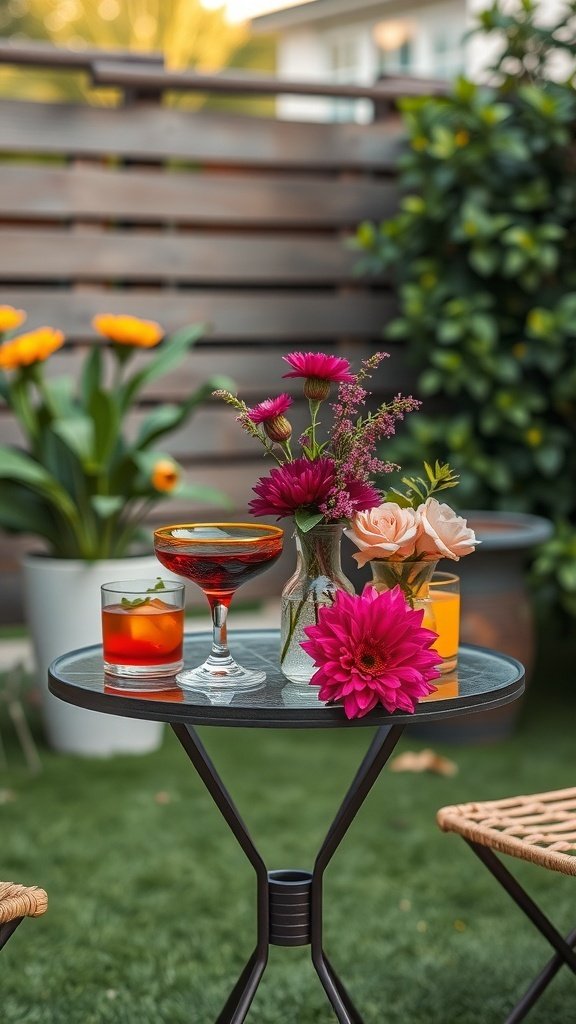 A stylish poolside cocktail table with colorful drinks and flowers, inspired by the 1960s.