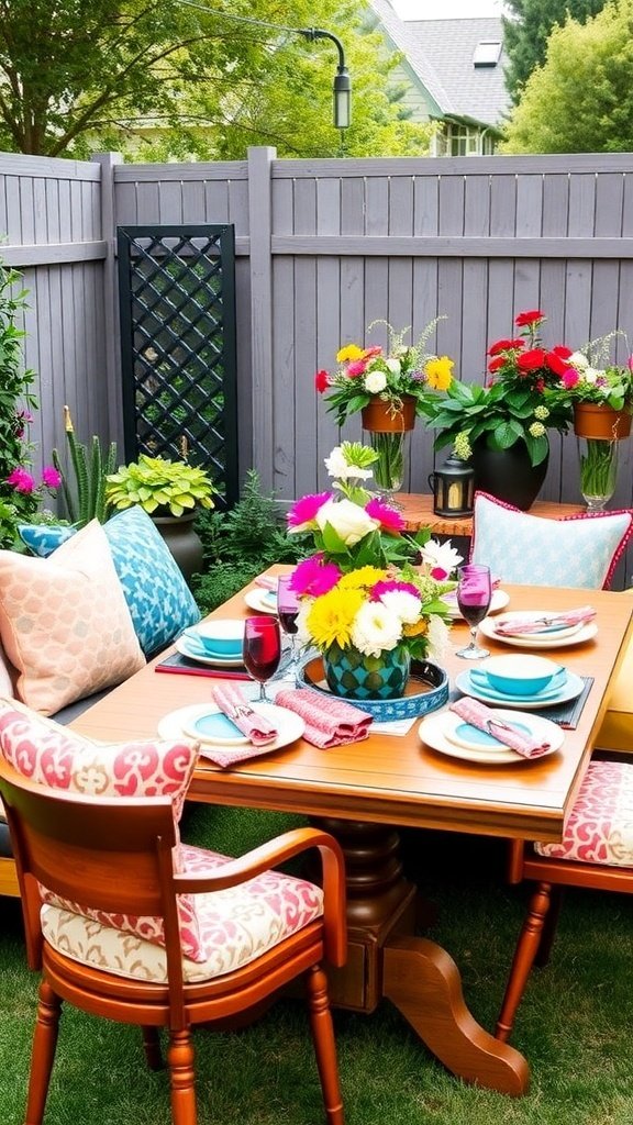 A vibrant backyard brunch scene for Mother's Day featuring a wooden table with colorful cushions, a floral centerpiece, and string lights.
