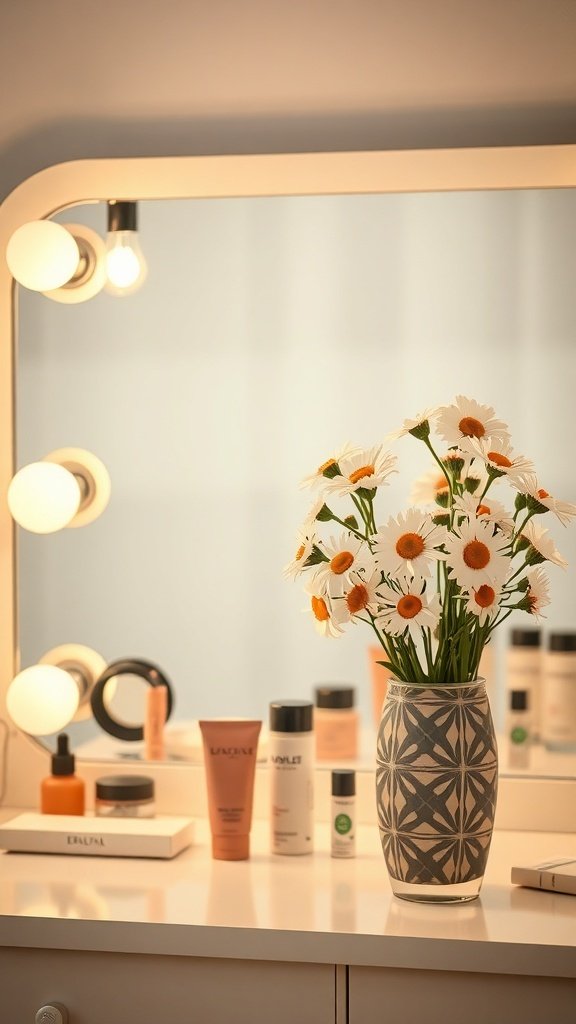 A 1960s-inspired makeup vanity setup featuring a mirror with bright bulbs, a vase of daisies, and various beauty products.