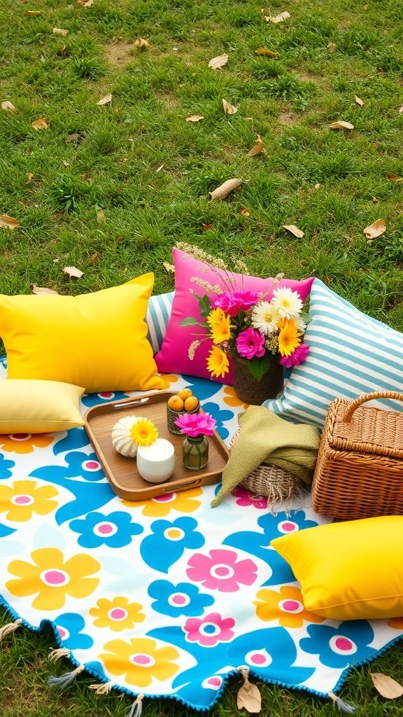A colorful picnic setup with pillows, flowers, and snacks on a floral blanket in a backyard.