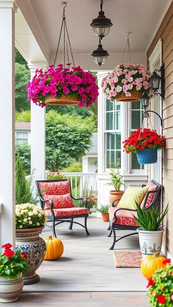 A vibrant front porch decorated with hanging flower baskets, colorful seating, and potted plants, inspired by the 1960s.