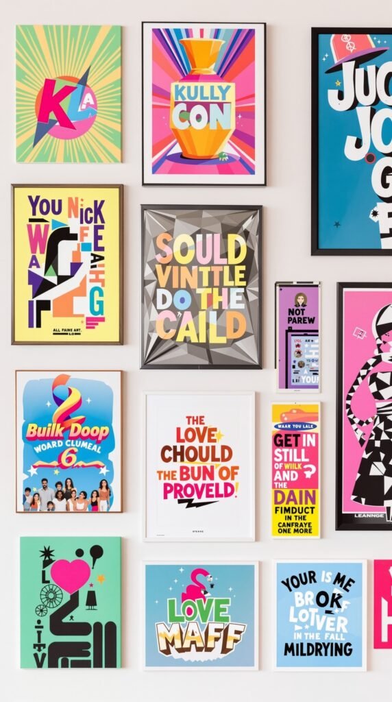 A colorful wall gallery featuring pop-art style framed artworks with bold text and vibrant colors.