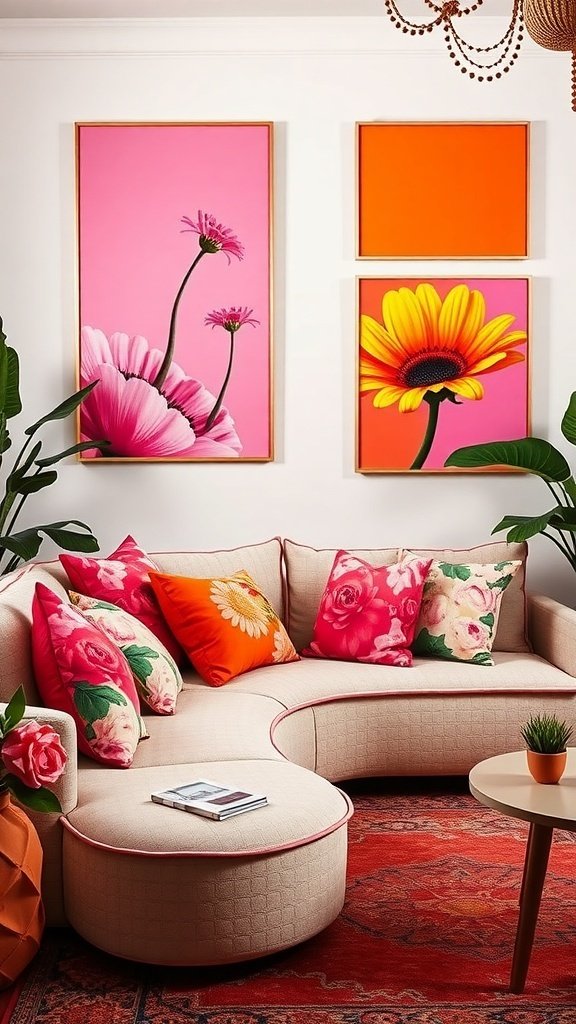A retro 1960s inspired living room with a curved sofa adorned with floral cushions, vibrant wall art, and a cozy atmosphere.