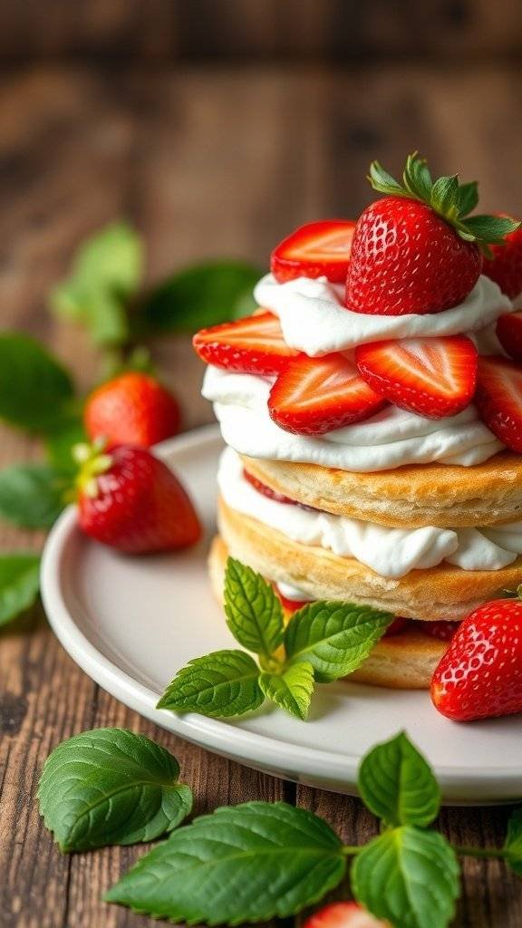 A delicious strawberry shortcake topped with fresh strawberries and mint leaves.