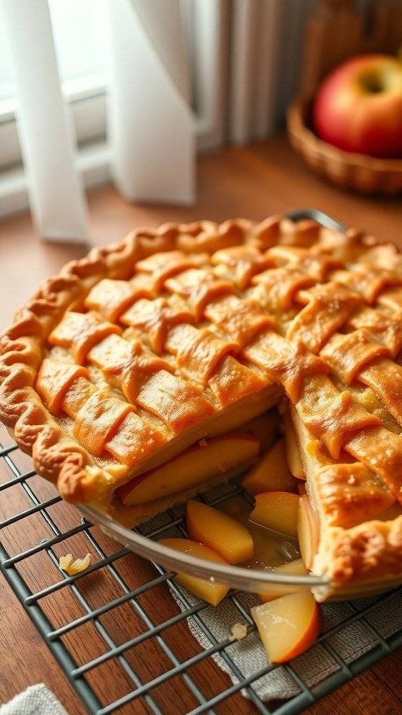 A classic apple pie with a golden flaky crust, freshly baked and cooling on a wire rack.