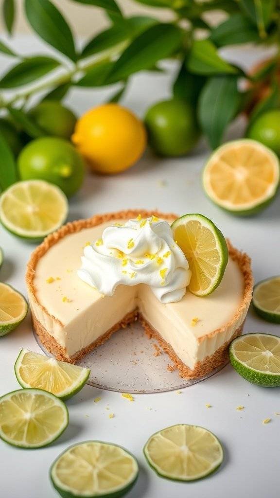A delicious key lime pie with a slice taken out, surrounded by lime slices and garnished with whipped cream and lime zest.