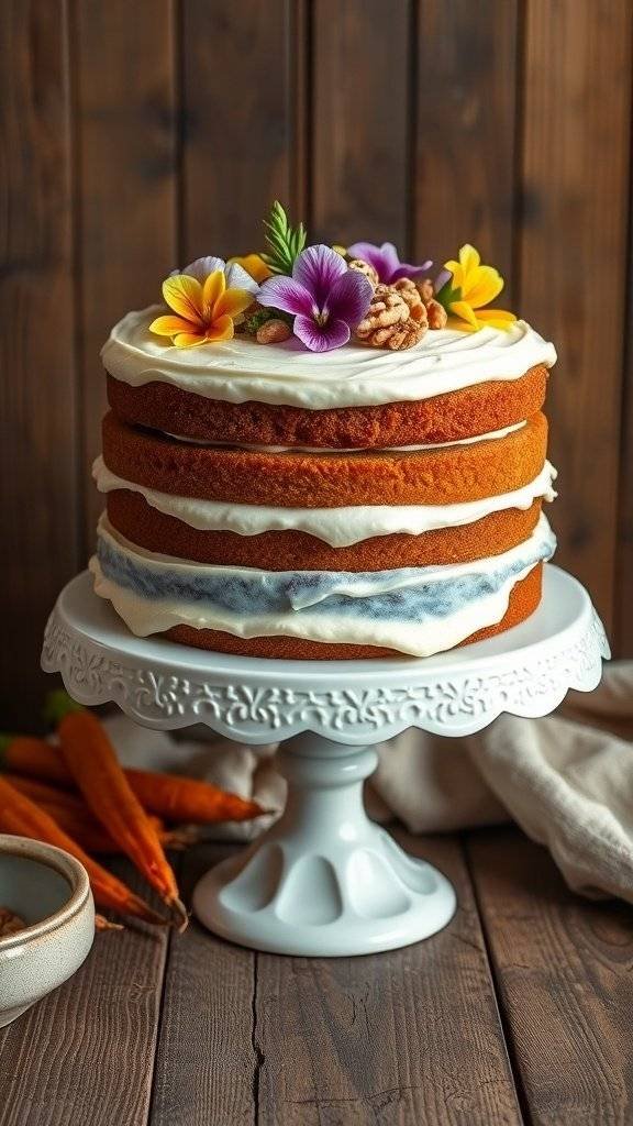 A beautifully layered carrot cake topped with cream cheese frosting and decorated with flowers and nuts.
