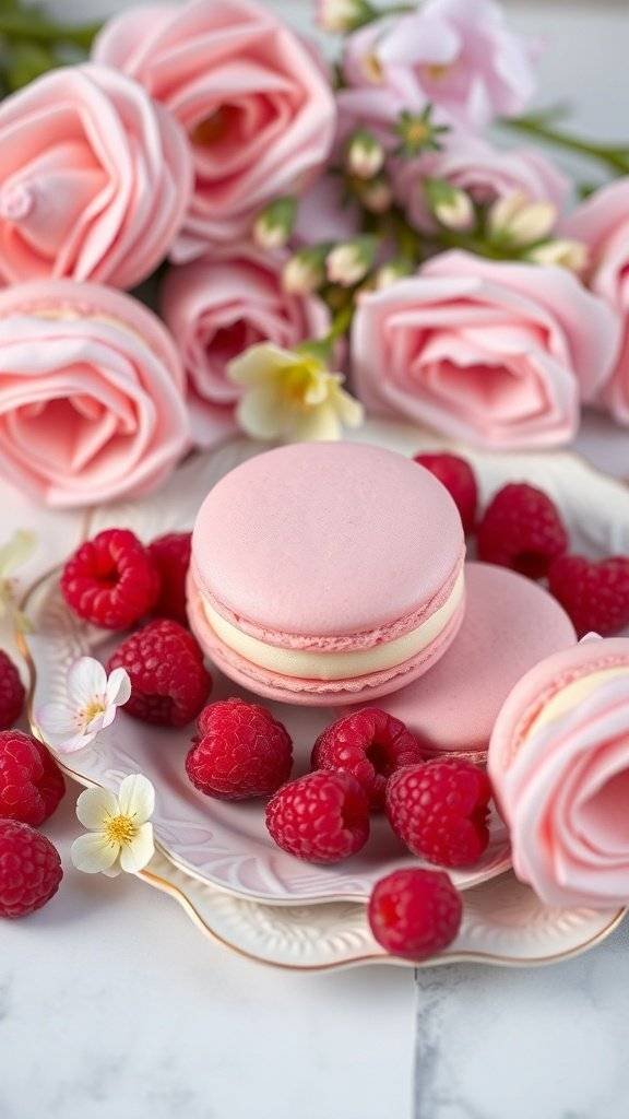 Elegant raspberry macarons on a plate with fresh raspberries and pink roses