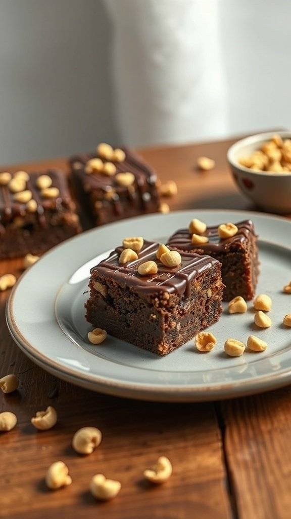 Peanut butter brownies topped with chocolate and peanuts on a plate