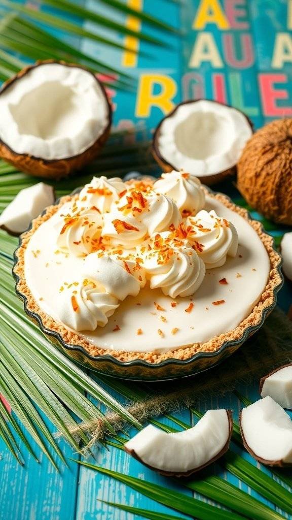 Coconut cream pie with whipped cream and toasted coconut, surrounded by fresh coconuts on a colorful background.