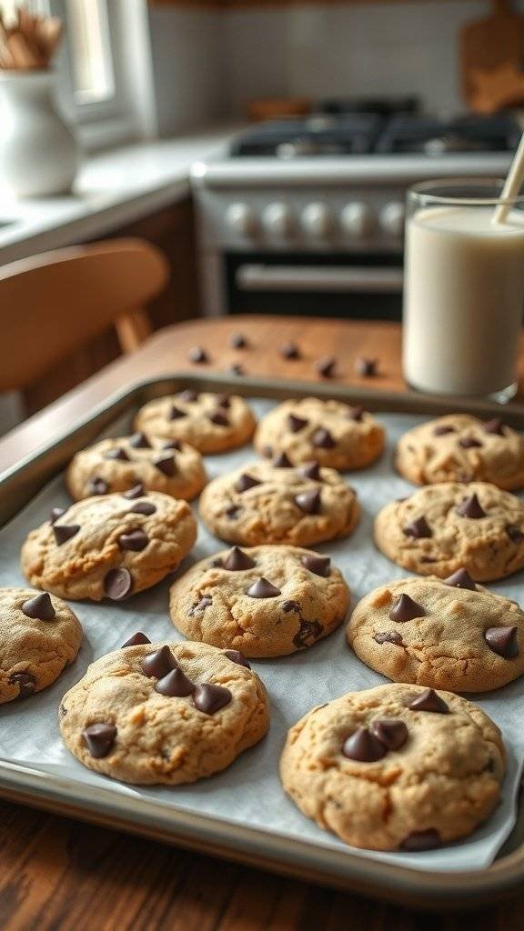A tray of freshly baked chocolate chip cookies with a glass of milk