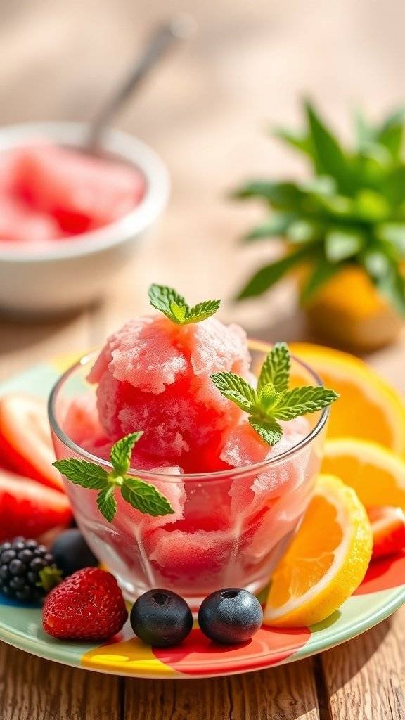 A bowl of pink sorbet garnished with mint leaves, surrounded by fresh fruit slices.